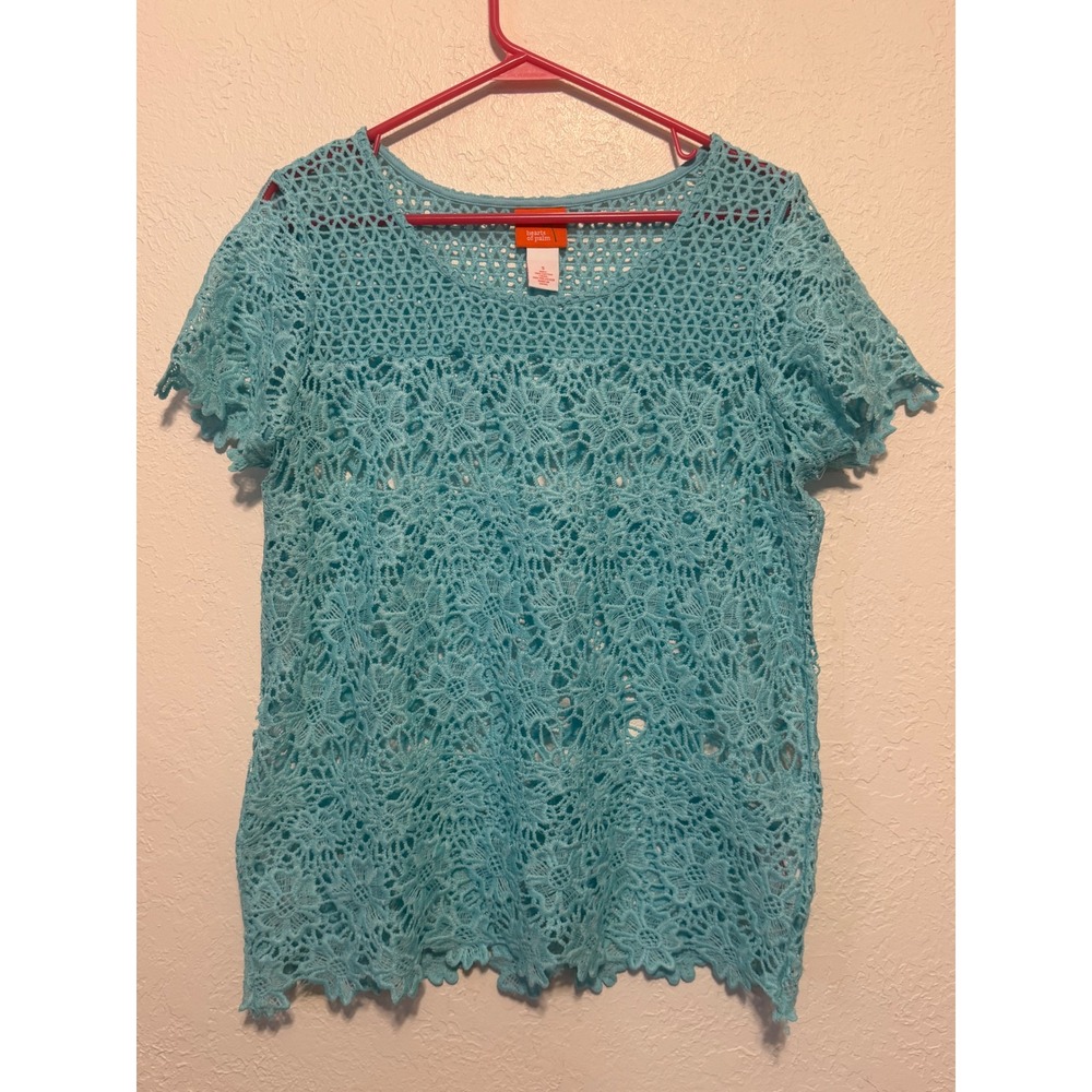 Hearts of Palm Turquoise Blue Floral Crochet Lace Knit Short Sleeve Top Small